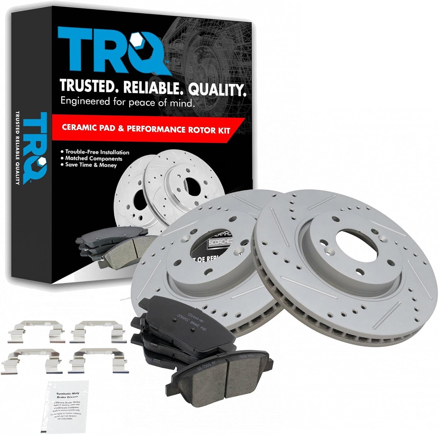 TRQ Performance Front Brake Pad and Rotor Set Ceramic G Coated Drilled Slotted Vented Rotors Compatible with 2011-2015 Hyundai Sonata 2011-2016 Kia Optima