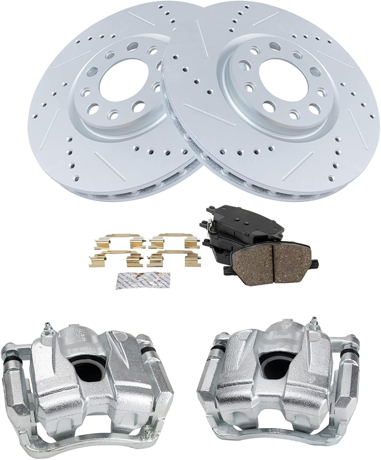 TRQ Performance Front Brake Pad and Rotor Set Ceramic Vented Coated Rotors Calipers Compatible with 2016-2018 Fiat 500X 2015-2018 Jeep Renegade