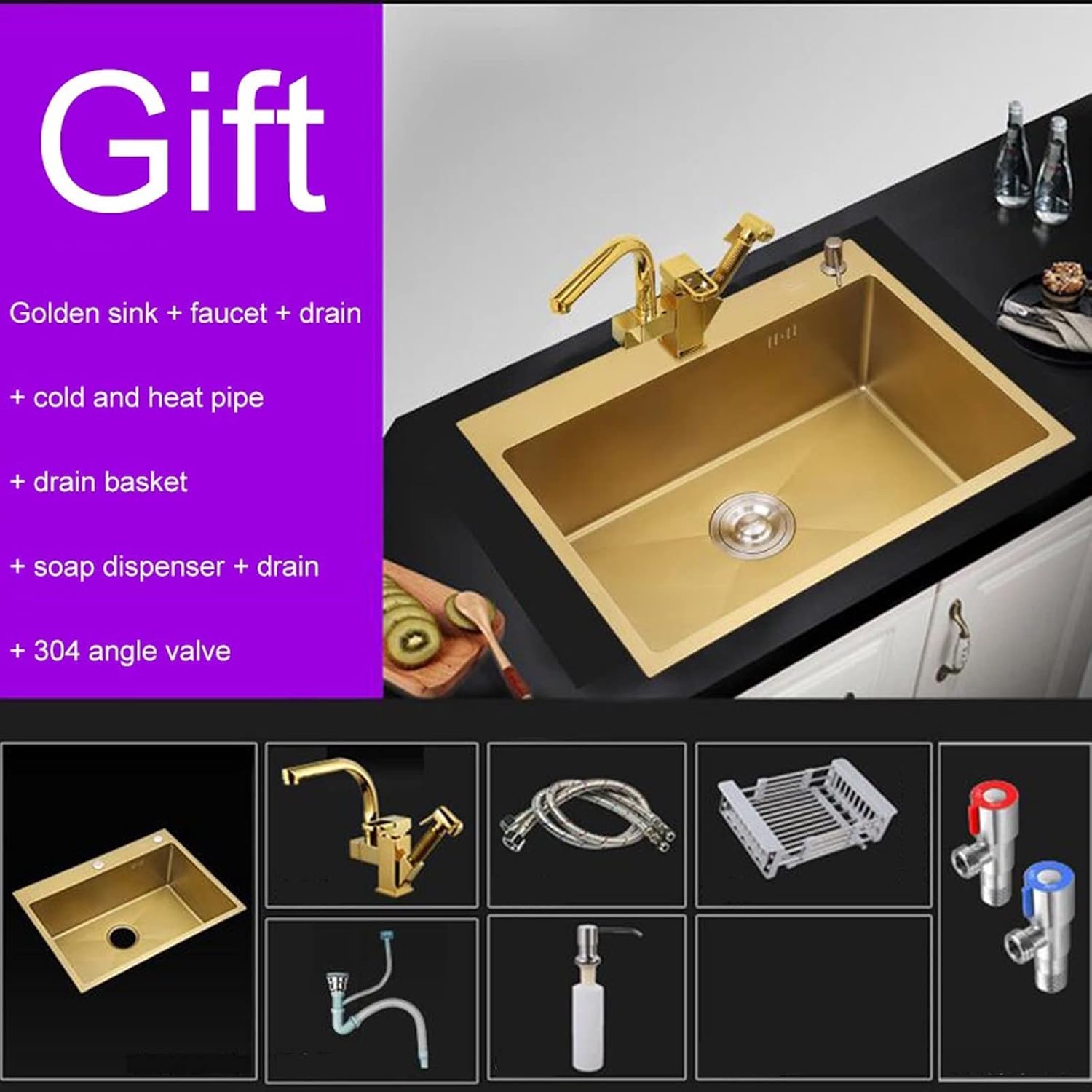 Sink Golden 304 Stainless Steel Sink Handmade Home Sink Single Bowl Kitchen Sink Sink Set Hot and Cold Faucet Multiple Installation Methods,Gold-53 * 43cm