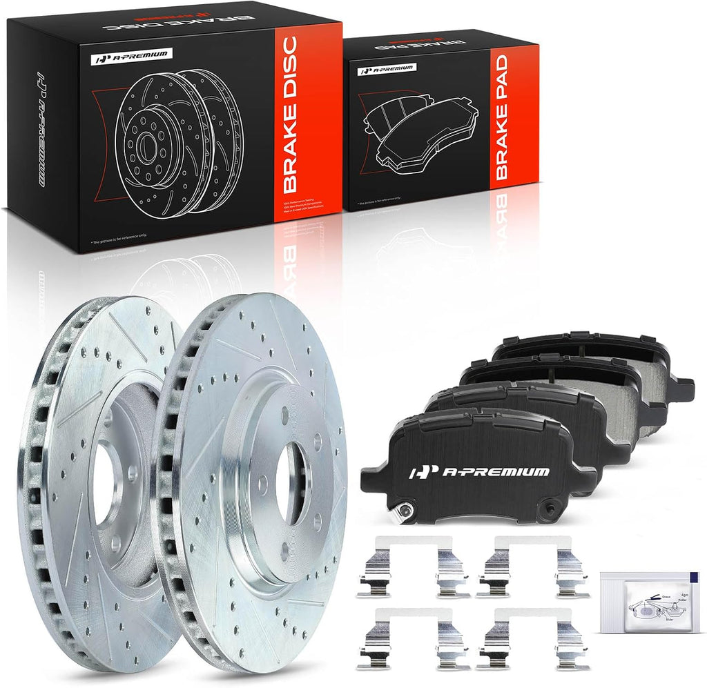 A-Premium 11.65 in(296mm) Front Drilled and Slotted Disc Brake Rotors + Ceramic Pads Kit Compatible with Chevy, Pontiac & Saturn Models - Cobalt 05-07, HHR 08-10, Malibu 04-06/08-12, G6 05-10, G5, Ion