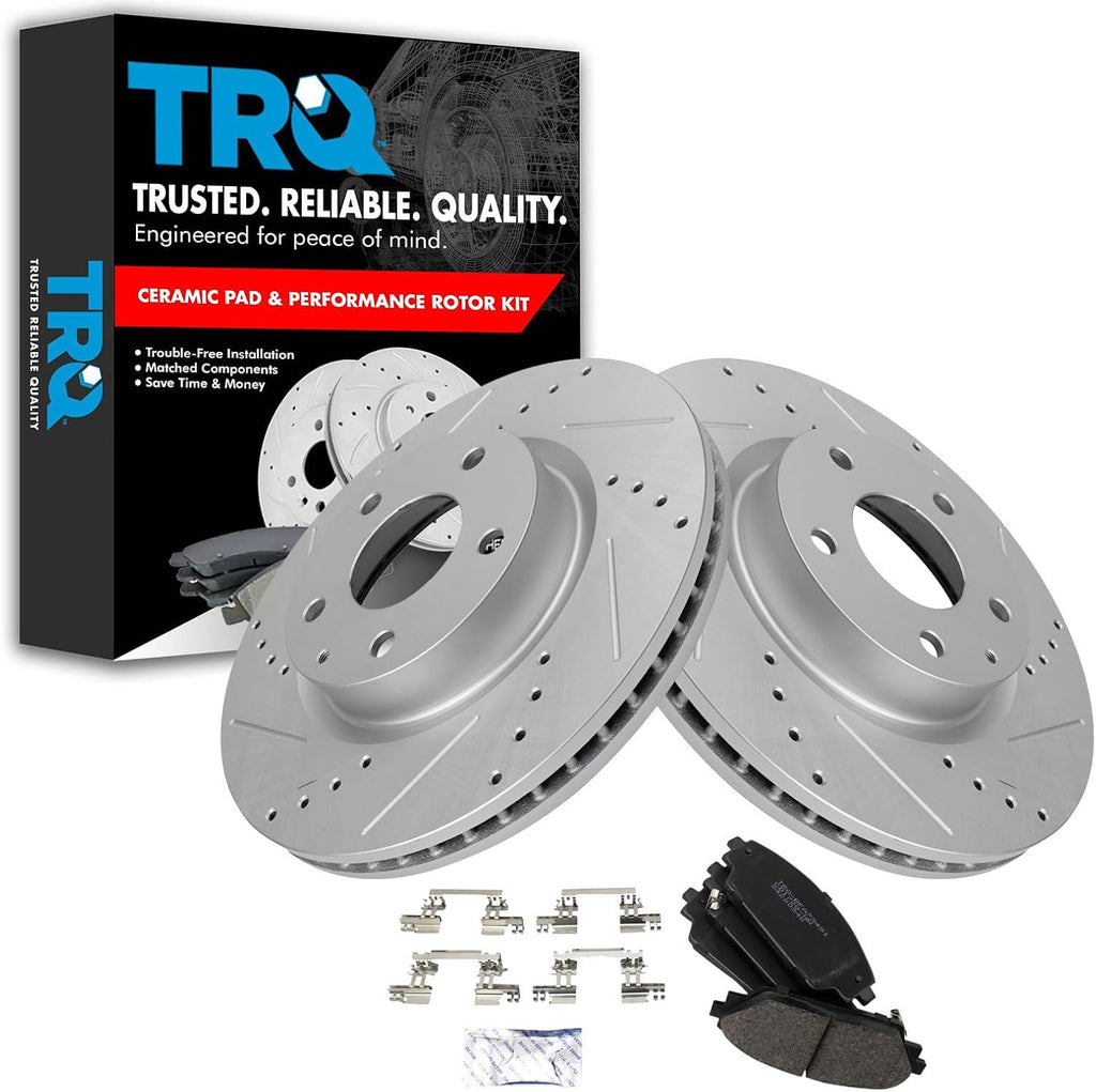 TRQ Performance Front Brake Pad and Rotor Set Ceramic Vented Coated Drilled Slotted Rotors Compatible with 2014-2018 Mazda 3 2016-2018 CX-3