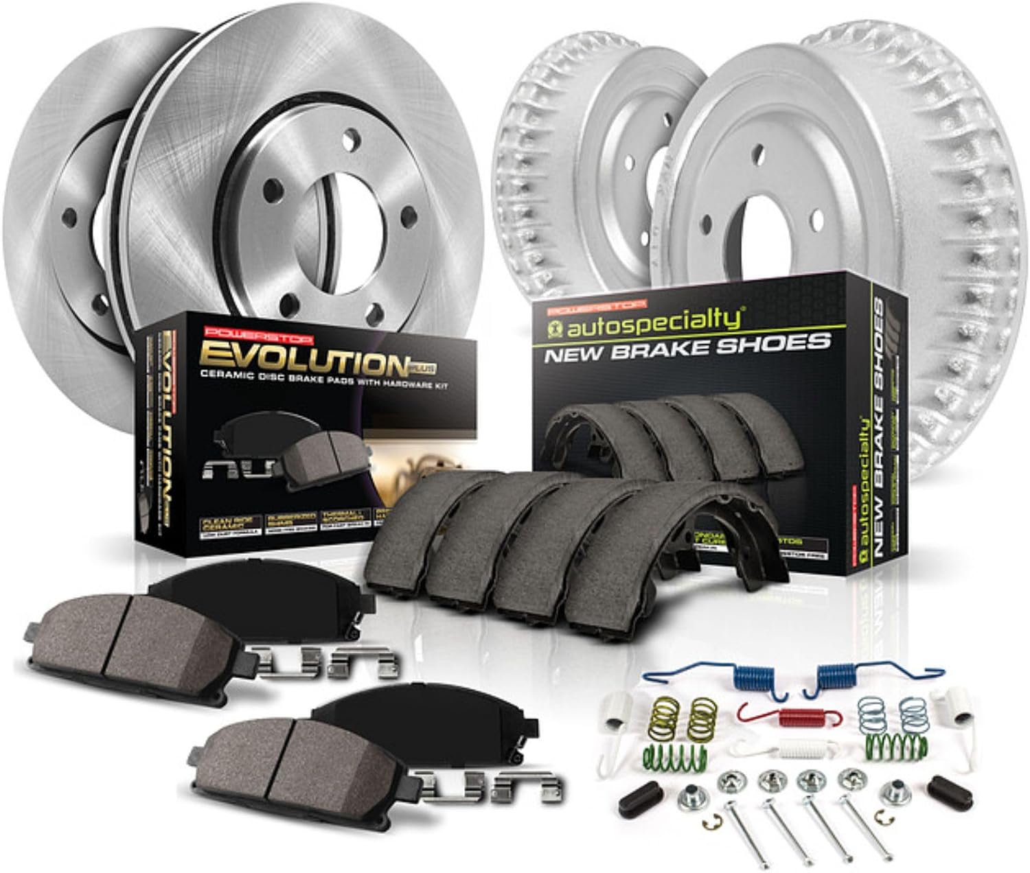 Power Stop KOE15073DK Autospecialty Front and Rear Replacement Brake Kit-OE Brake Drums & Ceramic Brake Pads For Jeep Cherokee, Jeep Wrangler [Model Specific]