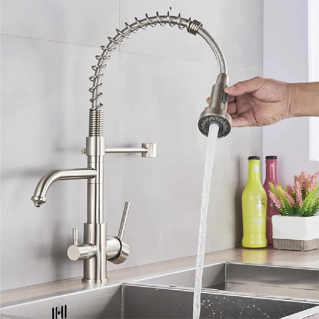 Kitchen Water Filter Faucet Dual Spout Filter Drinking Water Mixer Tap Rotation Taps(Brushed Gold)