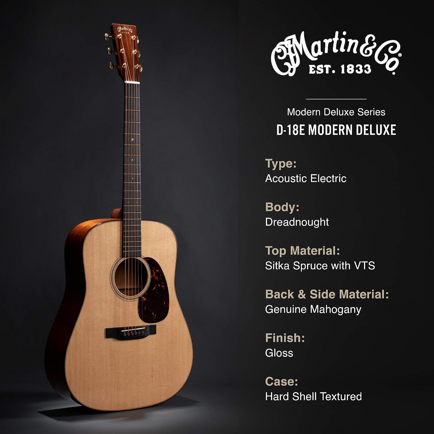 Martin Guitar D-18E Modern Deluxe Acoustic-Electric Guitar with Hardshell Gig Bag, Sitka Spruce and Mahogany Construction, D-14 Fret and Vintage Deluxe Neck Shape with High-Performance Taper Natural