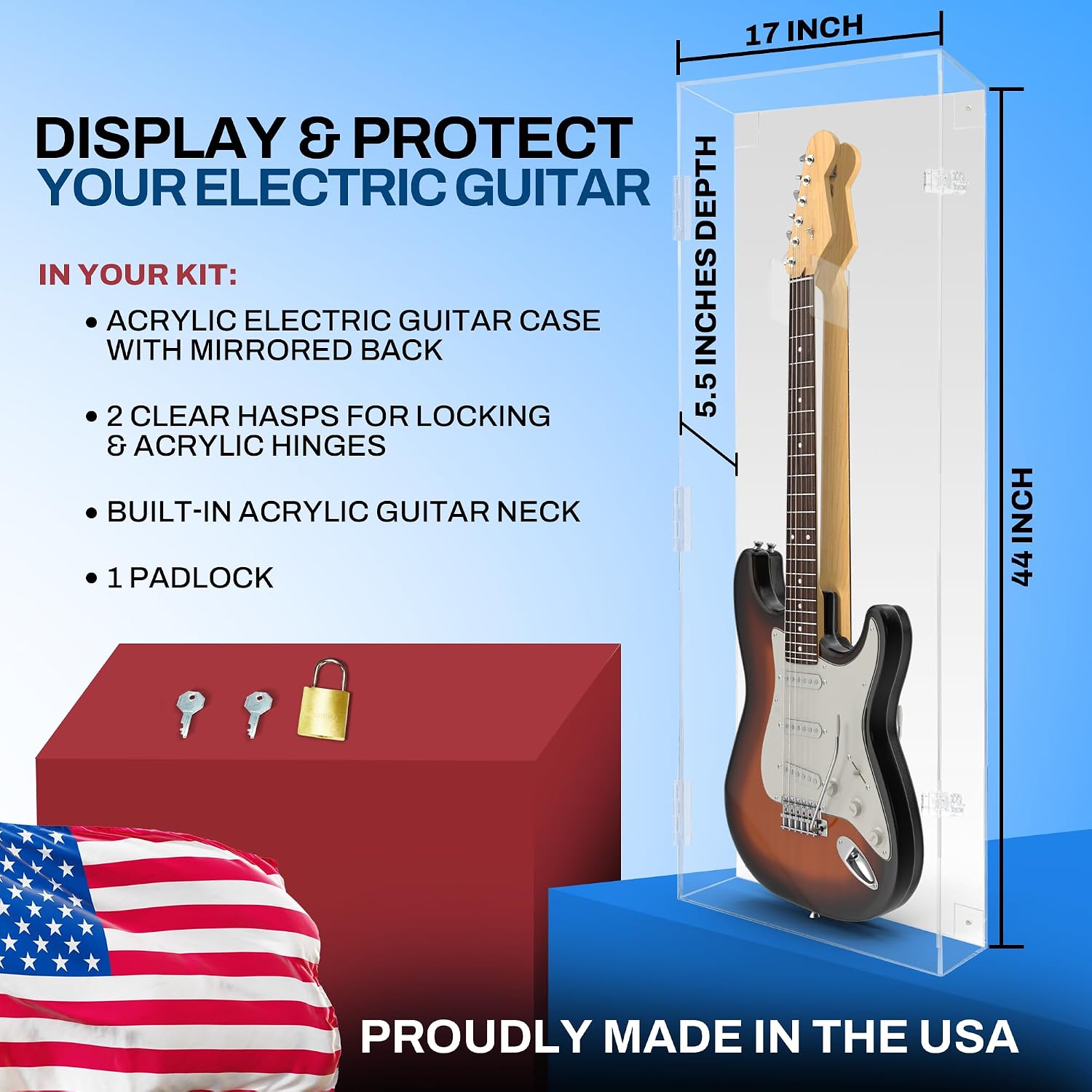 PENNZONI Electric Guitar Display Case - Fully Acrylic Electric Guitar Case With Mirror Back - Horizontal Guitar Display Case Wall Mount, Guitar Wall Case Made from Clear Acrylic