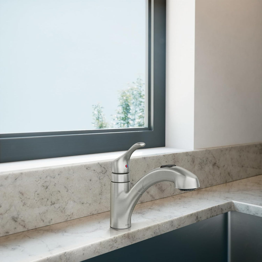 Moen Renzo Spot Resist Stainless One-Handle Pullout Kitchen or Laundry Faucet Featuring Power Clean, CA87316SRS