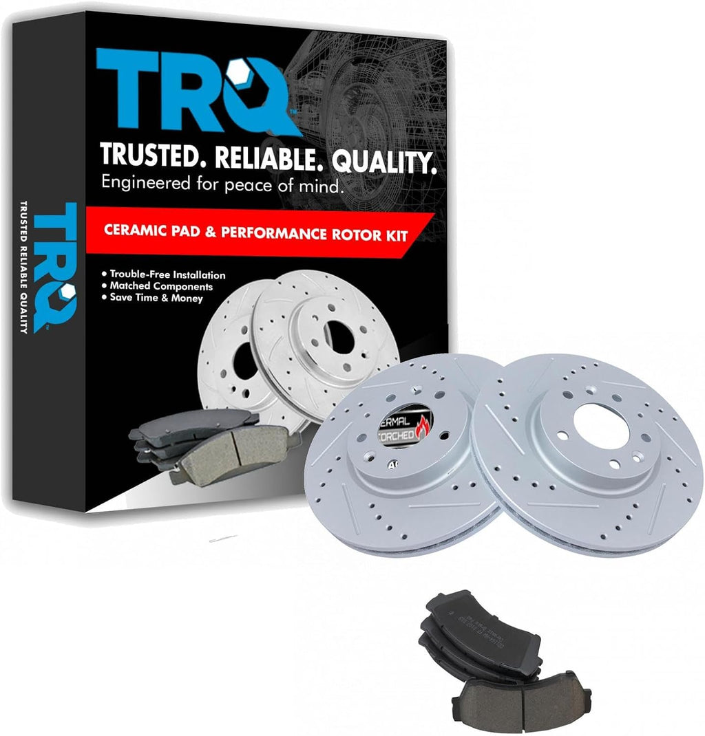 TRQ Performance Front Brake Pad and Rotor Set Ceramic Drilled Slotted Coated Vented Rotors Compatible with 2006-2012 Ford Fusion 2006 Lincoln Zephyr 2007-2012 MKZ 2006-2011 Mercury Milan