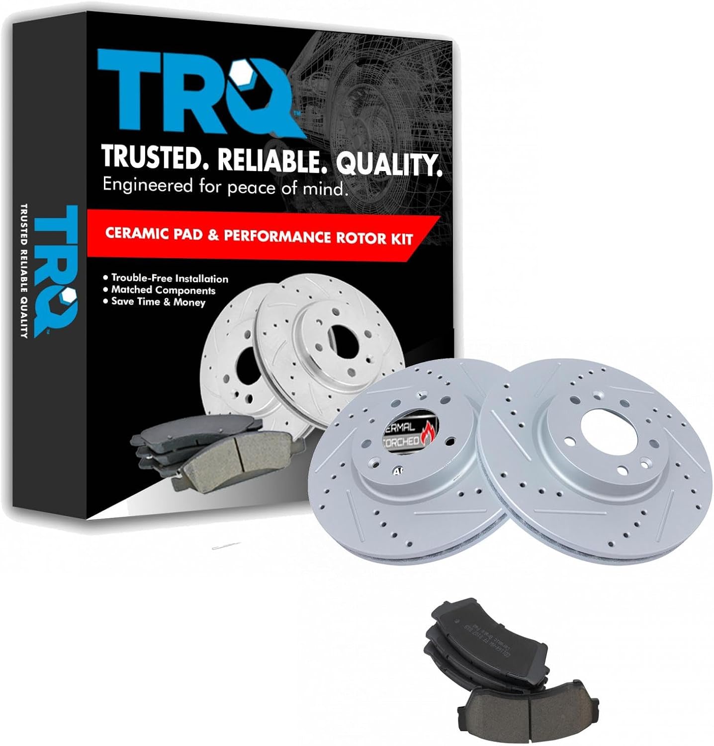 TRQ Performance Front Brake Pad and Rotor Set Ceramic Drilled Slotted Coated Vented Rotors Compatible with 2006-2012 Ford Fusion 2006 Lincoln Zephyr 2007-2012 MKZ 2006-2011 Mercury Milan