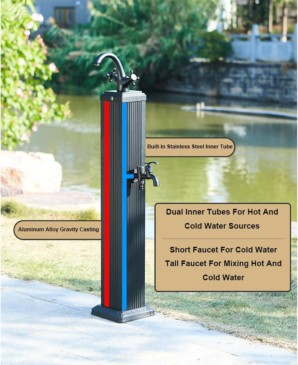 Hot and Cold Water Garden Water Column Outdoor Vertical Water Dispenser Hydrant Freestanding Aluminum Square Antifreeze Faucet(Black)