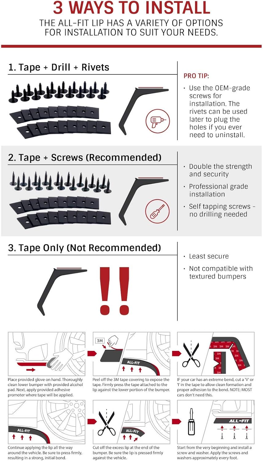 All-Fit Automotive 3.5 Inch Universal Bumper Lip Splitter Kit - Chin Spoiler Protector for Front or Rear - Lips Protect and Cover Lower Bumper for a Dropped Look - Universal Fit - Black