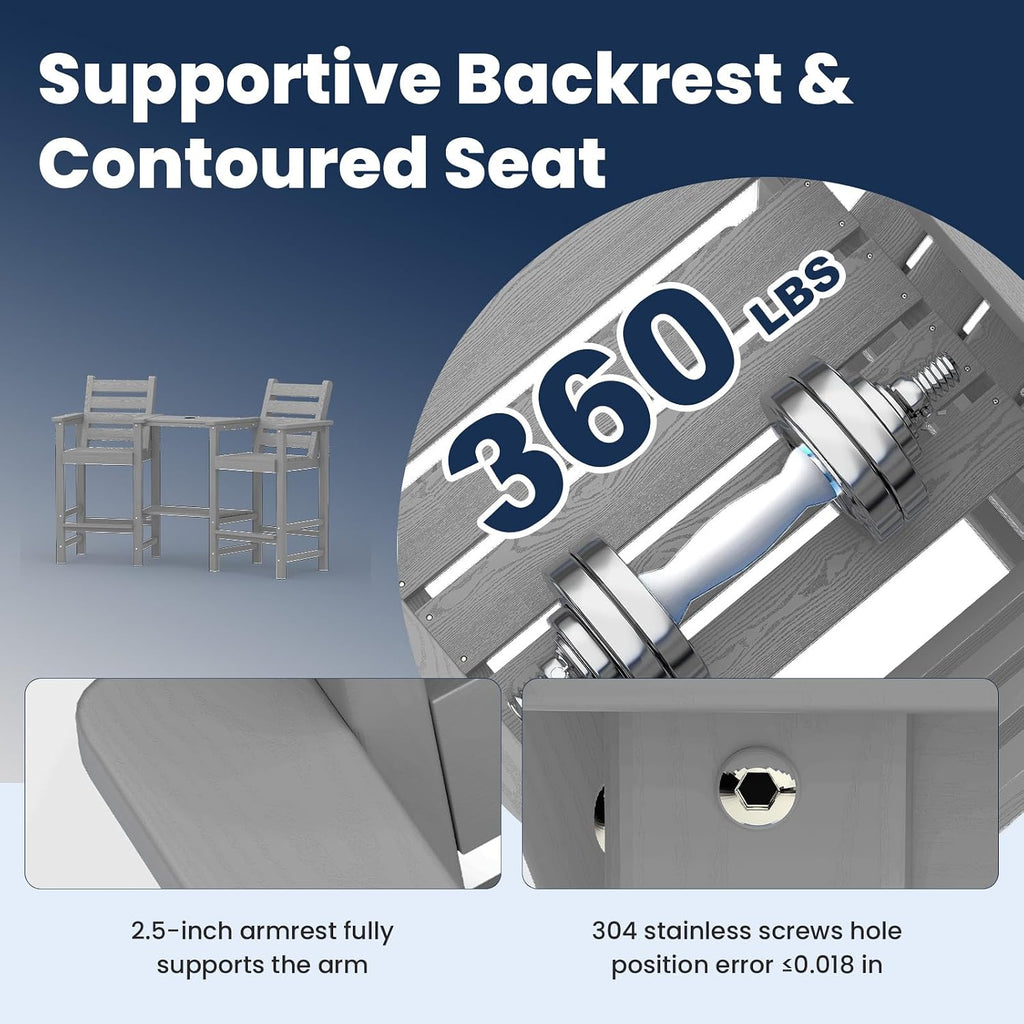 PLUUV Tall Adirondack Chairs Set of 2, All Weather HDPE Poly Bar Height Balcony Adirondack Chair with Removable Double Connecting Trays, Outdoor Adirondack Barstools for Deck, Patio, Yard, Pool, Lawn