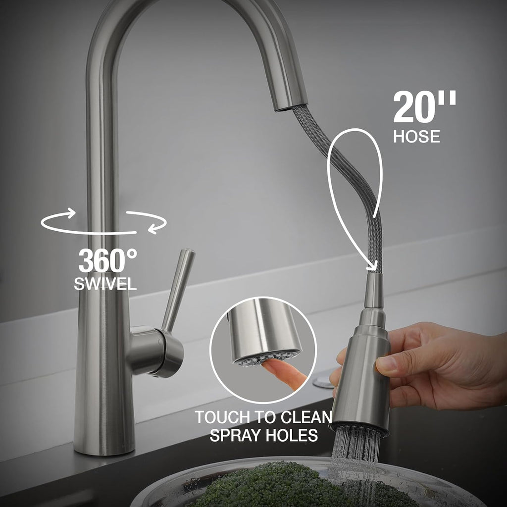 Lava Odoro Brushed Nickel Kitchen Faucet with Pull Down Sprayer, Modern Kitchen Sink Faucet with Magnetic Docking Spray 2-Function, Single Handle Faucet for Kitchen Sink 1 Hole and 3 Hole, KF241-BN