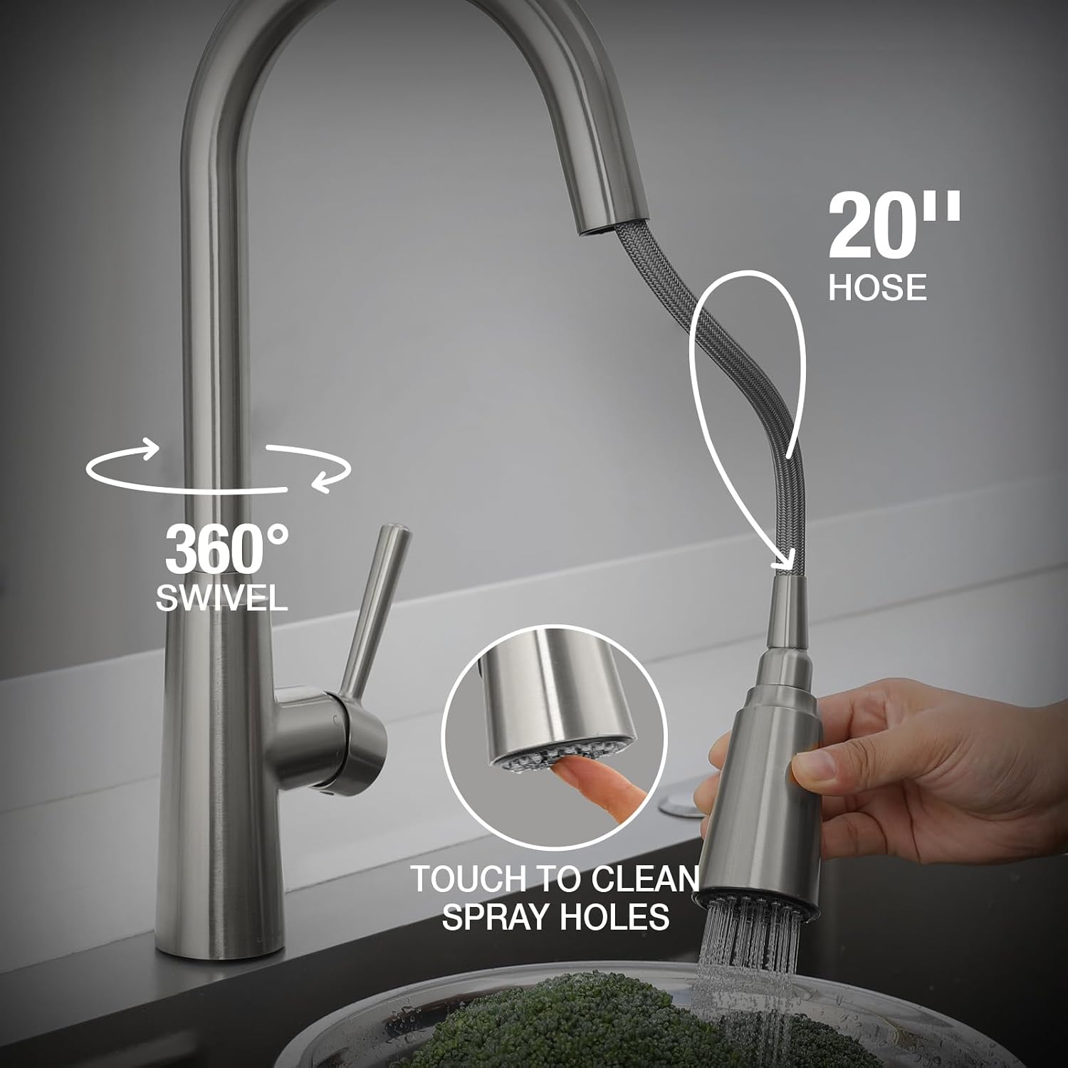 Lava Odoro Brushed Nickel Kitchen Faucet with Pull Down Sprayer, Modern Kitchen Sink Faucet with Magnetic Docking Spray 2-Function, Single Handle Faucet for Kitchen Sink 1 Hole and 3 Hole, KF241-BN
