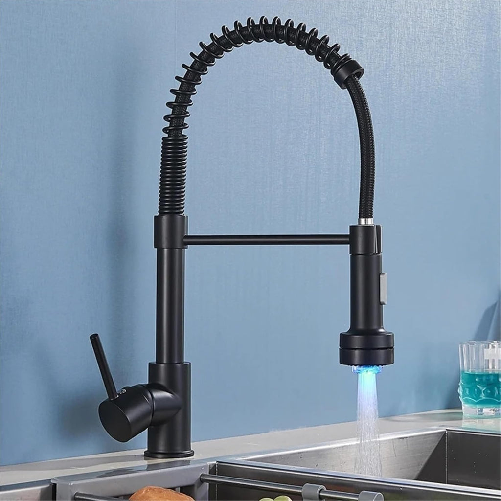 LED Kitchen Faucet Pull Down 360 Degree Rotation Hot and Cold Water Mixer Sink Deck Mounted Spring Tap(Matte Black)