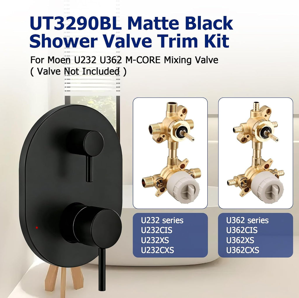 UT3290BL Matte Black Shower Valve Trim Kit Compatible with Moen Align M-CORE 3-Series 2-Handle Shower Faucet Trim Includes 1213 Cartridge for Moen U232 U362 M-CORE Mixing Valve, Valve Require