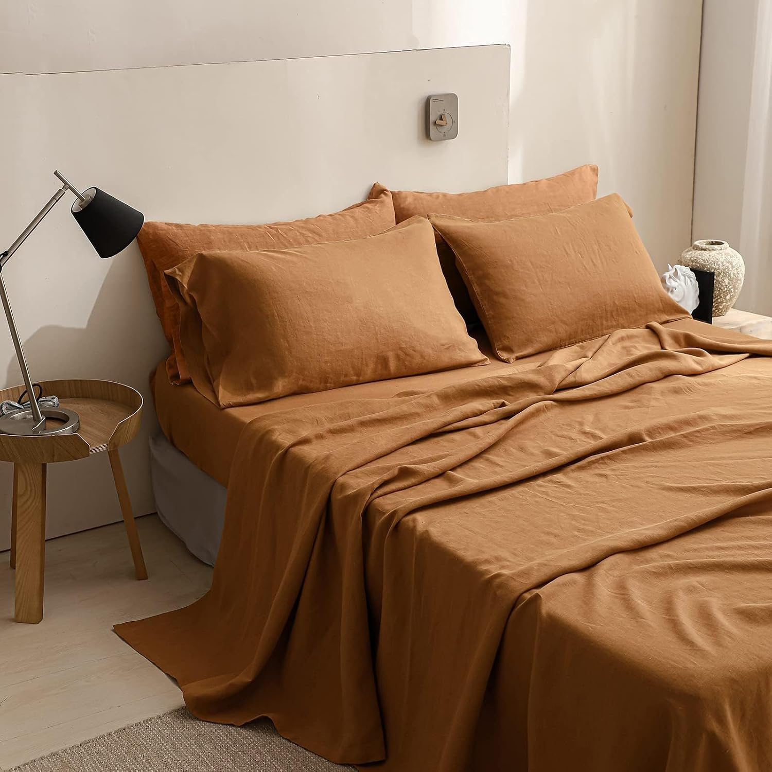 Simple&Opulence 100% Linen Sheets King Size Set, 6 Pcs Natural French Linen Bed Sheets, Breathable Soft Durable Bedding Set for All Season (Rust, King)
