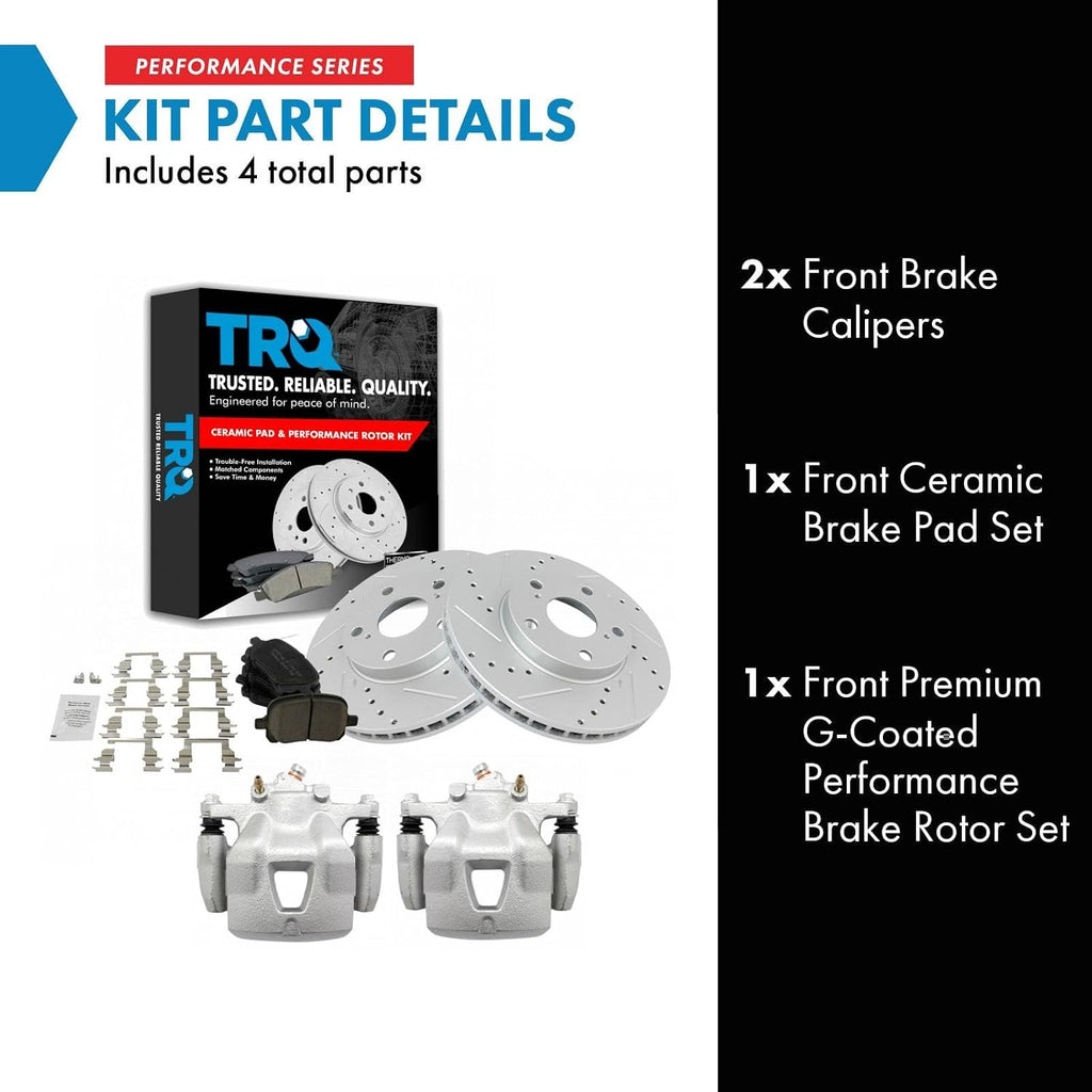 TRQ Performance Front Brake Pad and Rotor Set Ceramic Coated Drilled Slotted Rotors Calipers Compatible with 1997-2001 Lexus ES300 1998-2004 Toyota Avalon 1997-2001 Camry 1999-2003 Solara
