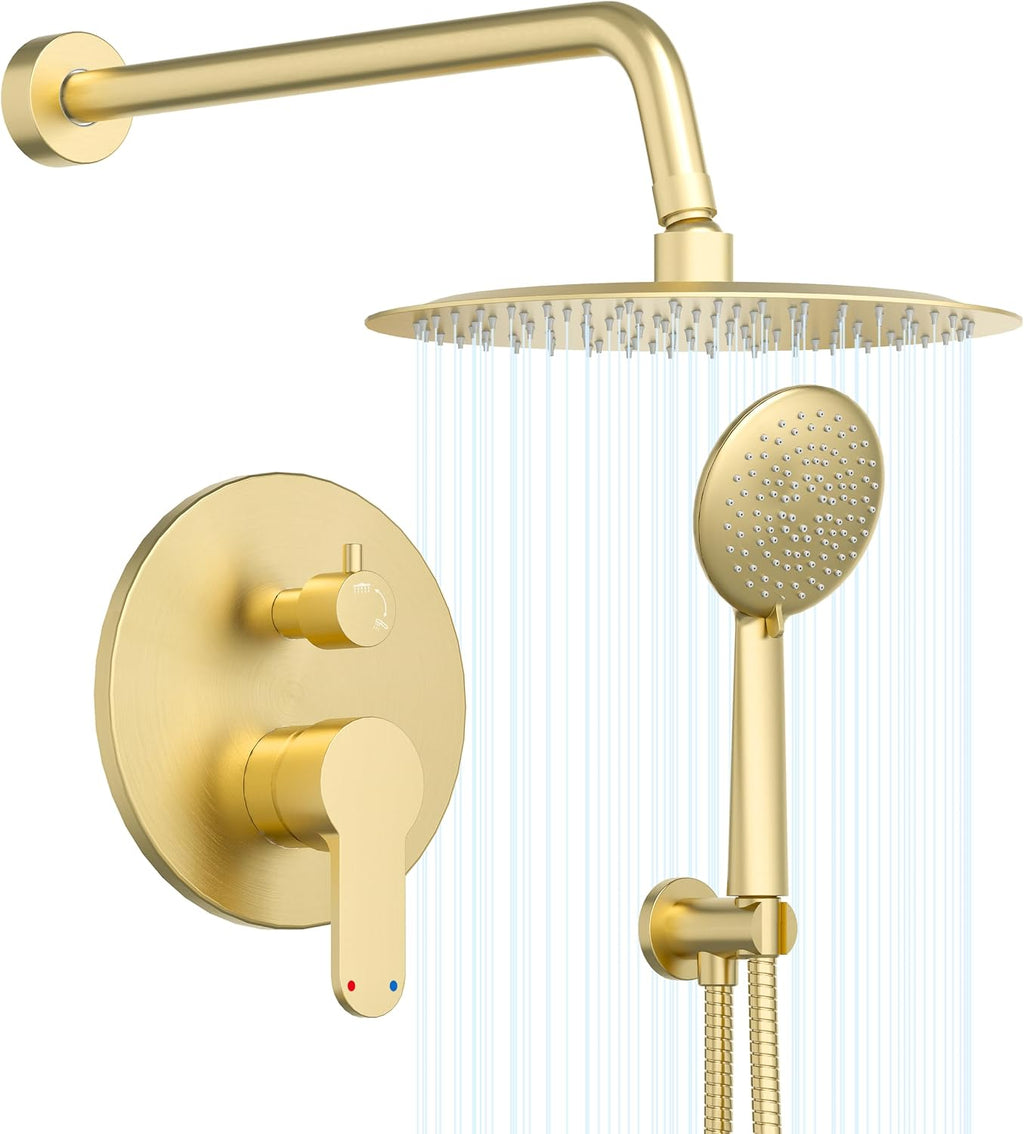 Gabrylly Gold Shower Head System, Shower Faucet Set with Pressure Balance Shower Valve, 10 Inch Shower Heads with 5-Setting handheld Spray Combo, High Pressure Shower Fixtures, Brushed Gold