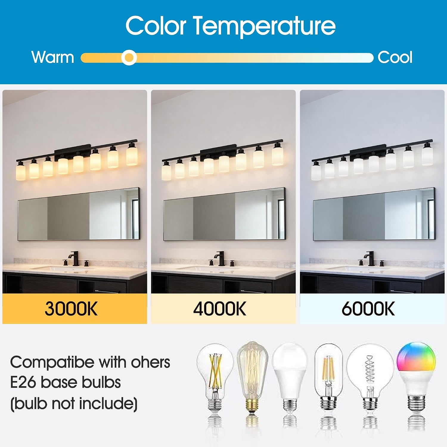 8-Light Matte Black Bathroom Vanity Light Modern Black Bathroom Light Fixtures Over Mirror Vintage Vanity Wall Sconce Light With White Glass Shade Wall Lamps For Living Room Bedroom Bulbs Not Included