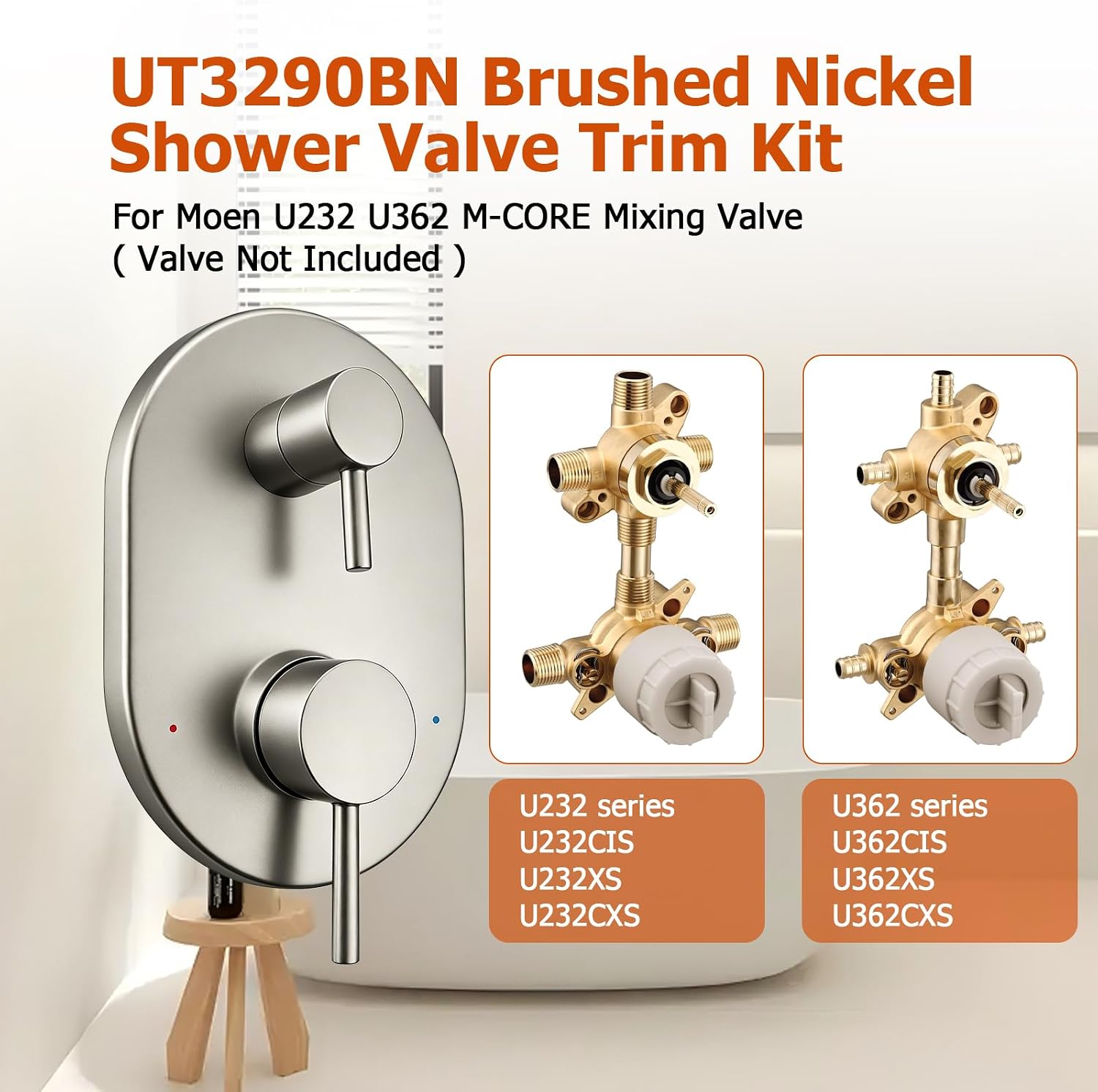 UT3290BN Brushed Nickel Shower Valve Trim Kit Compatible with Moen Align M-CORE 3-Series 2-Handle Shower Faucet Trim Includes 1213 Cartridge for Moen U232 U362 M-CORE Mixing Valve, Valve Require