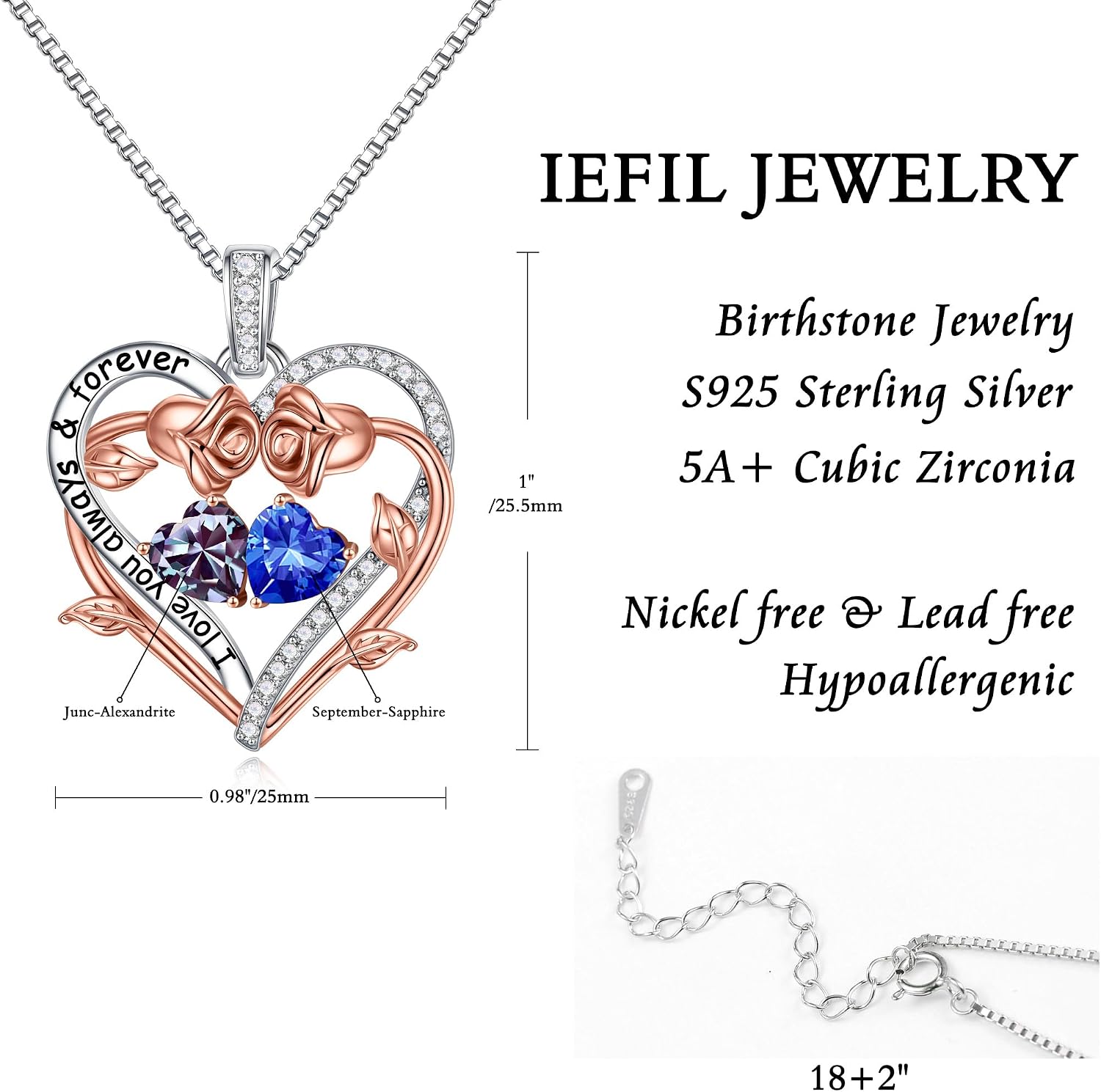 Iefil Rose Heart Double Birthstone Necklace Gifts for Wife Girlfriend Her Women, Birthstone Jewelry Gemstone Birthday Gifts for Mom Grandma Her Wife Women