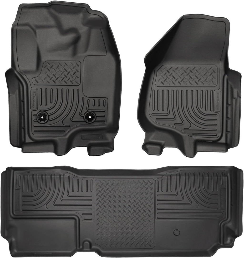 Husky Liners Weatherbeater Floor Mats | Fits 2012-2016 Ford F-250/F-350 Crew CAB ONLY with DS Foot Rest & Manual Transfer Case Shifter (Footwell Coverage) | Front & 2nd Row, 3-pc Black - 99721
