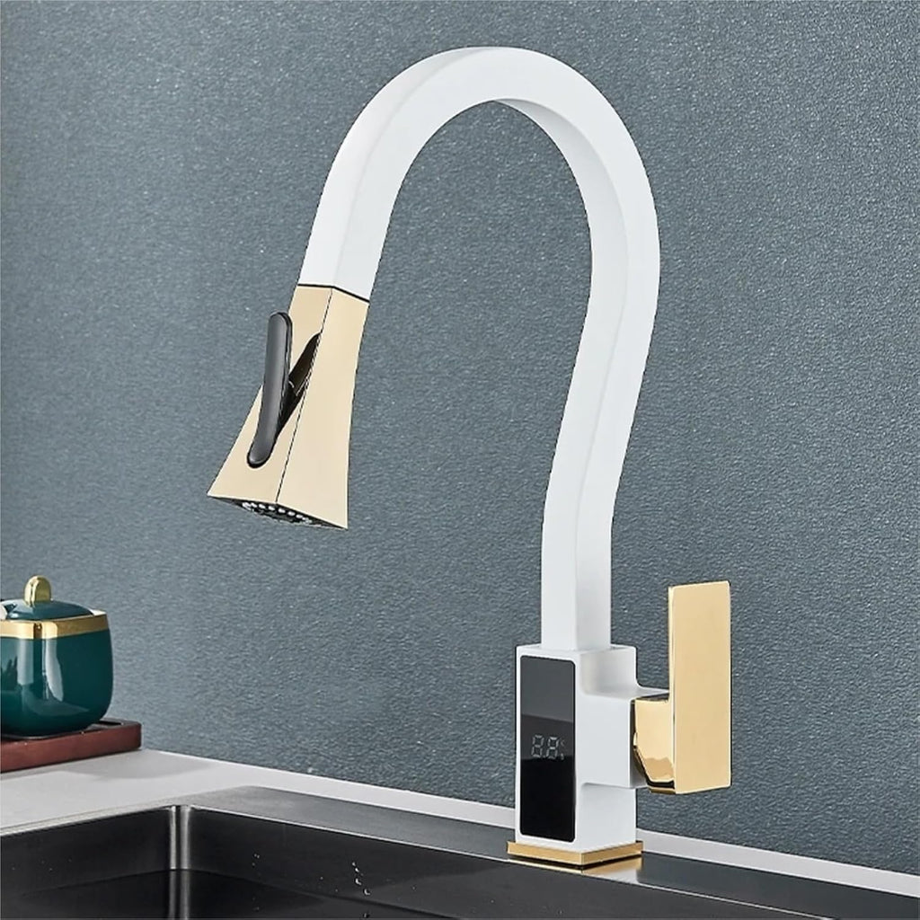 Smart Digital Display Kitchen Faucet Single Handle Pull Out Kitchen Sink Mixer Hot Cold Water Taps(White Gold)