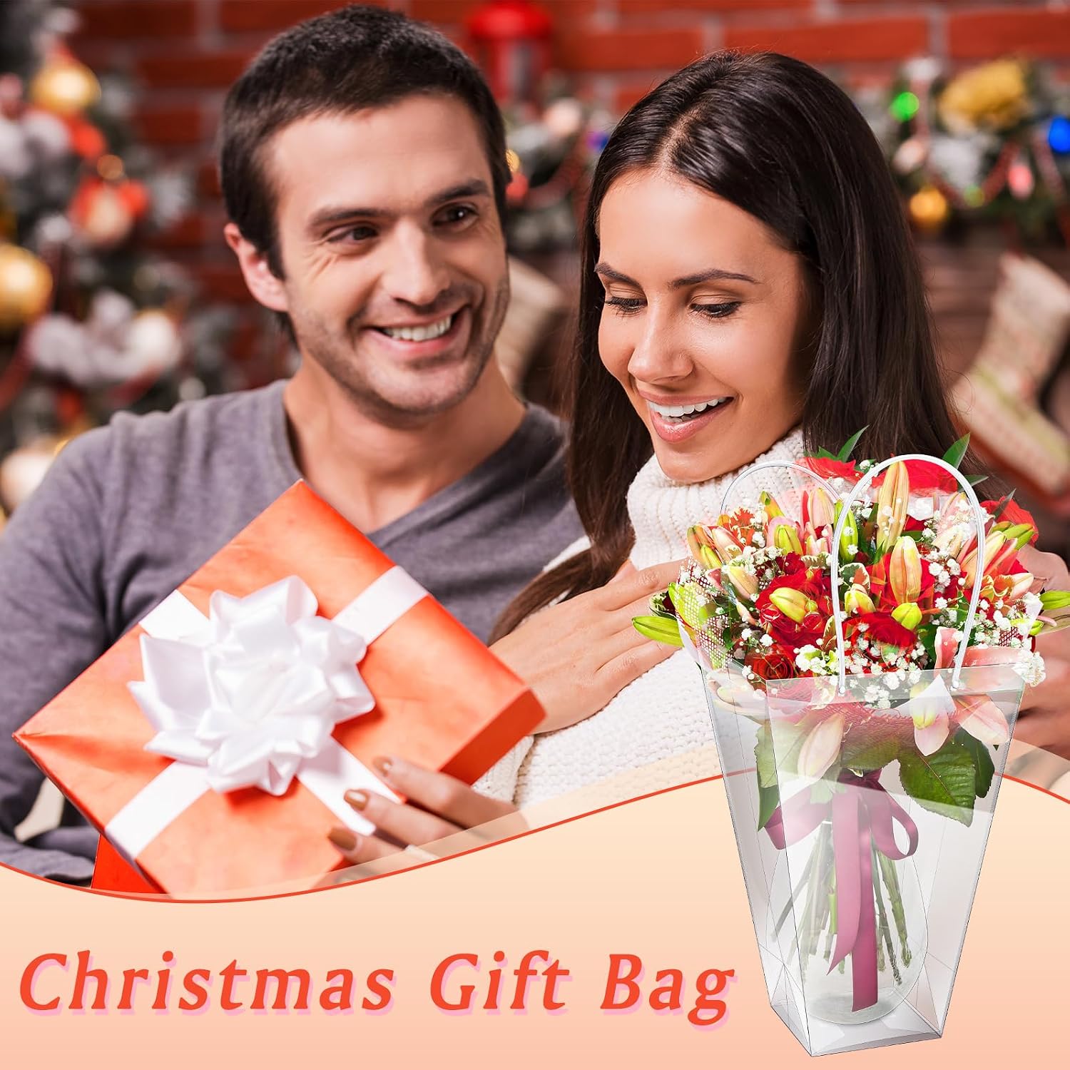 Yexiya 96 Pcs Floral Bags Large Clear Flower Bouquet Bag Bulk with Handle Transparent Florist Wedding Gift Packaging Plastic Gift Birthday Valentine's Mother's Day, 11.4 x 5.9 x 16.7 in (Clear Edge)