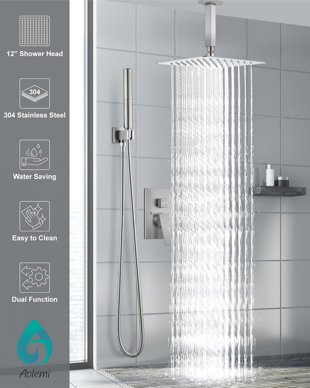 Aolemi Ceiling Mount Shower Faucet Set,Shower System Rain Showerhead and Handheld Spray Combo High-Pressure Showerheads Set with Valve and Trim Kit Rough-in Valve,12 Inch Brushed Nickel