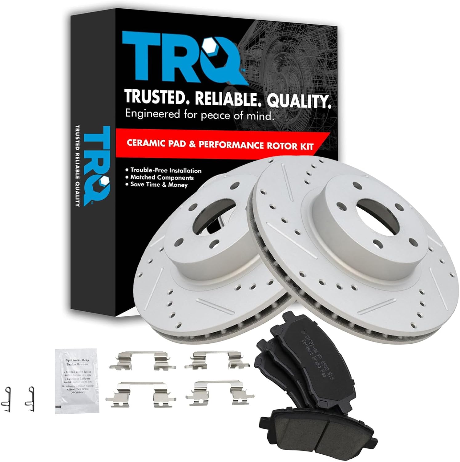 TRQ Performance Front Brake Pad and Rotor Set Ceramic Coated Drilled Slotted Vented Rotors Compatible with 1998-2002 Subaru Forester 1998-2001 Impreza 1997-2002 Legacy 2000 Outback