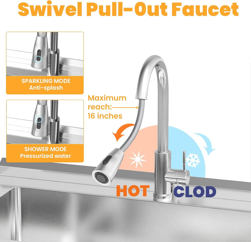 Stainless Steel Utility Sink, 25.6'' Free Standing Single Bowl Sink with Pull-Out Faucet & Cold and Hot Water Pipe & basket, Indoor and Outdoor Sink for Laundry Room, Garage, Kitchen, Black