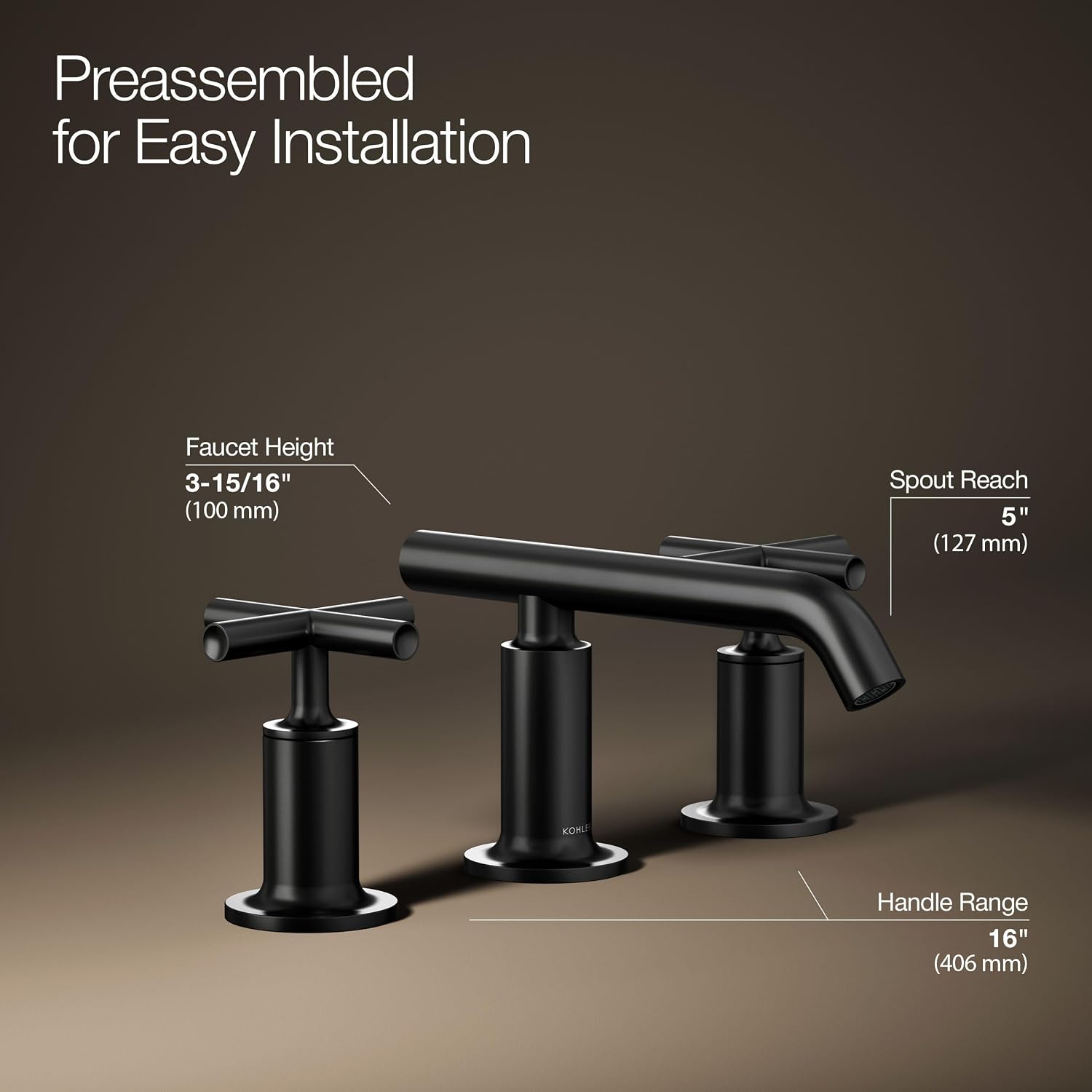 KOHLER K-14410-3-BL Purist® Widespread Bathroom Sink Faucet, 3-Hole Bathroom Faucets with Low Cross Handles and Low Spout, 1.2 GPM, Matte Black
