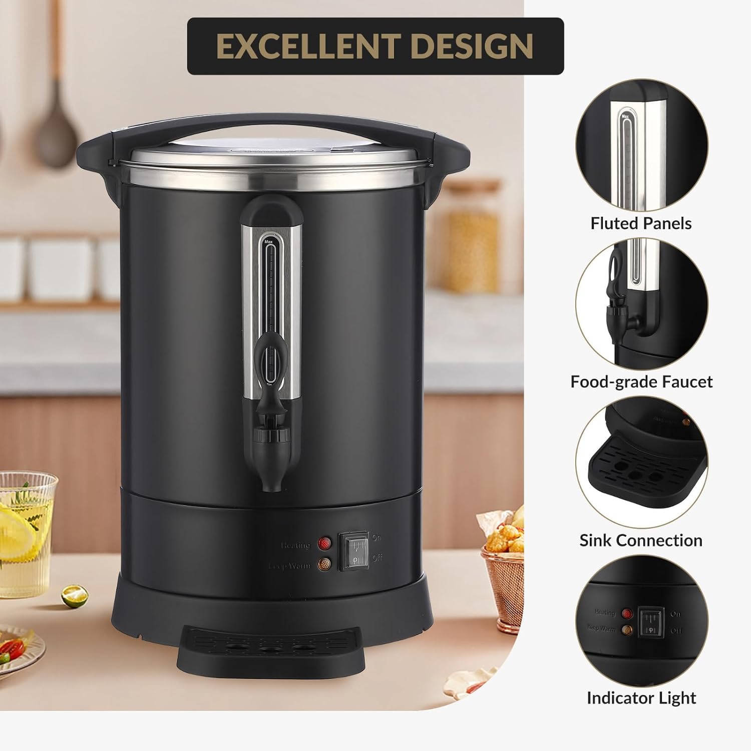 Towallmark Commercial Stainless Steel Coffee Urn 120 Cup, 18L Hot Water Dispenser with Percolator System, Two-Way Faucets for Large Events, Metallic Black Beverage Server