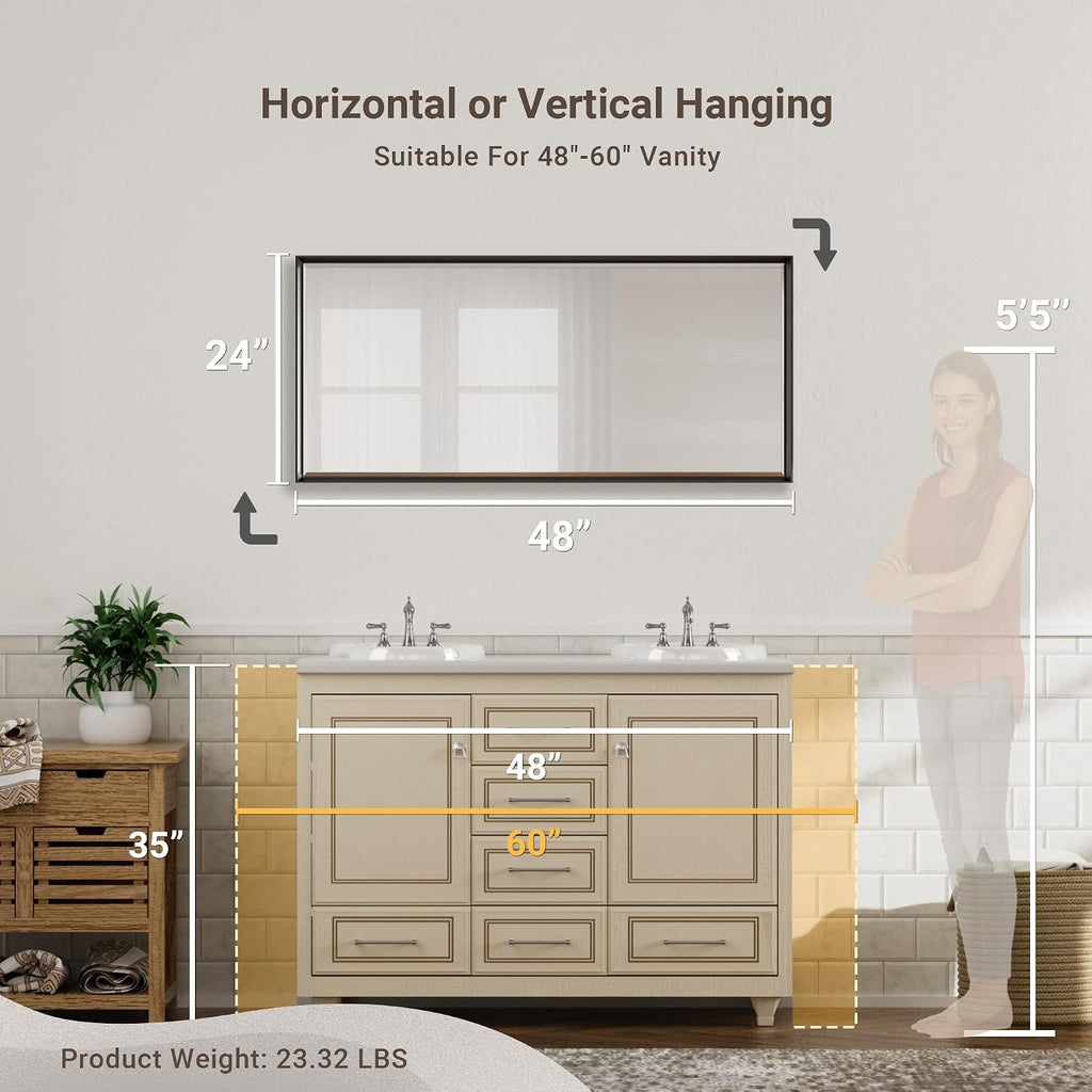 48 x 24 Black Framed Mirror for Bathroom, Beveled Black Bathroom Vanity Mirror Anti-Rust, Shatterproof Matte Black Rectangle Metal Frame Mirror, Vertical/Horizontal Large Wall-Mounted Mirrors