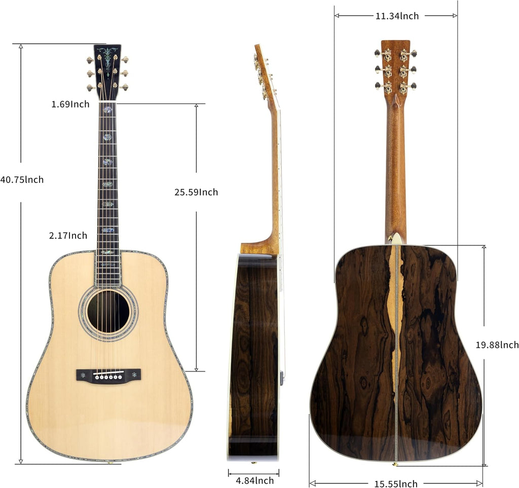 TARIO 41'' Acoustic All Solid Guitar solid A+Sitka Spruce Top Solid Palo Santo Back and Sides Mahogany Neck Including a Wooden Case High Gloss
