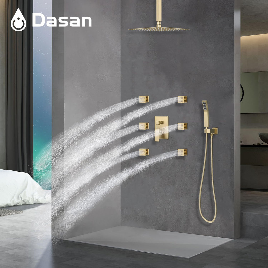 DASAN Full Body Shower System with 6 PCS Body Spray Jets & 12'' Rain Shower Head & Handheld, Ceiling Mount Rain Shower System Brushed Gold Shower Faucets Sets Complete with Valve, SA-SS03ABG-S12C