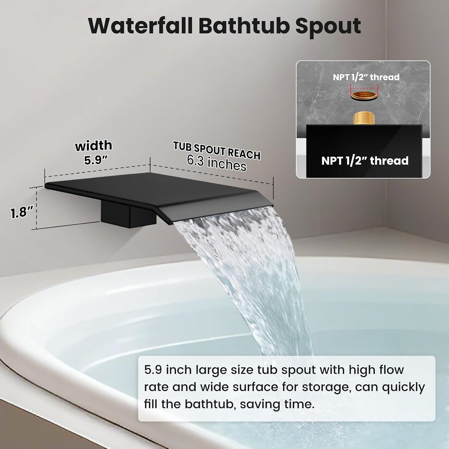 gotonovo 10'' Rain Shower Faucet System Rainfall Shower Head with Handheld Sprayer Waterfall Tub Spout Wall Mounted Mixer Combo Rough-in Valve and Trim Included 5.7 Inch Wide Spout Matte Black