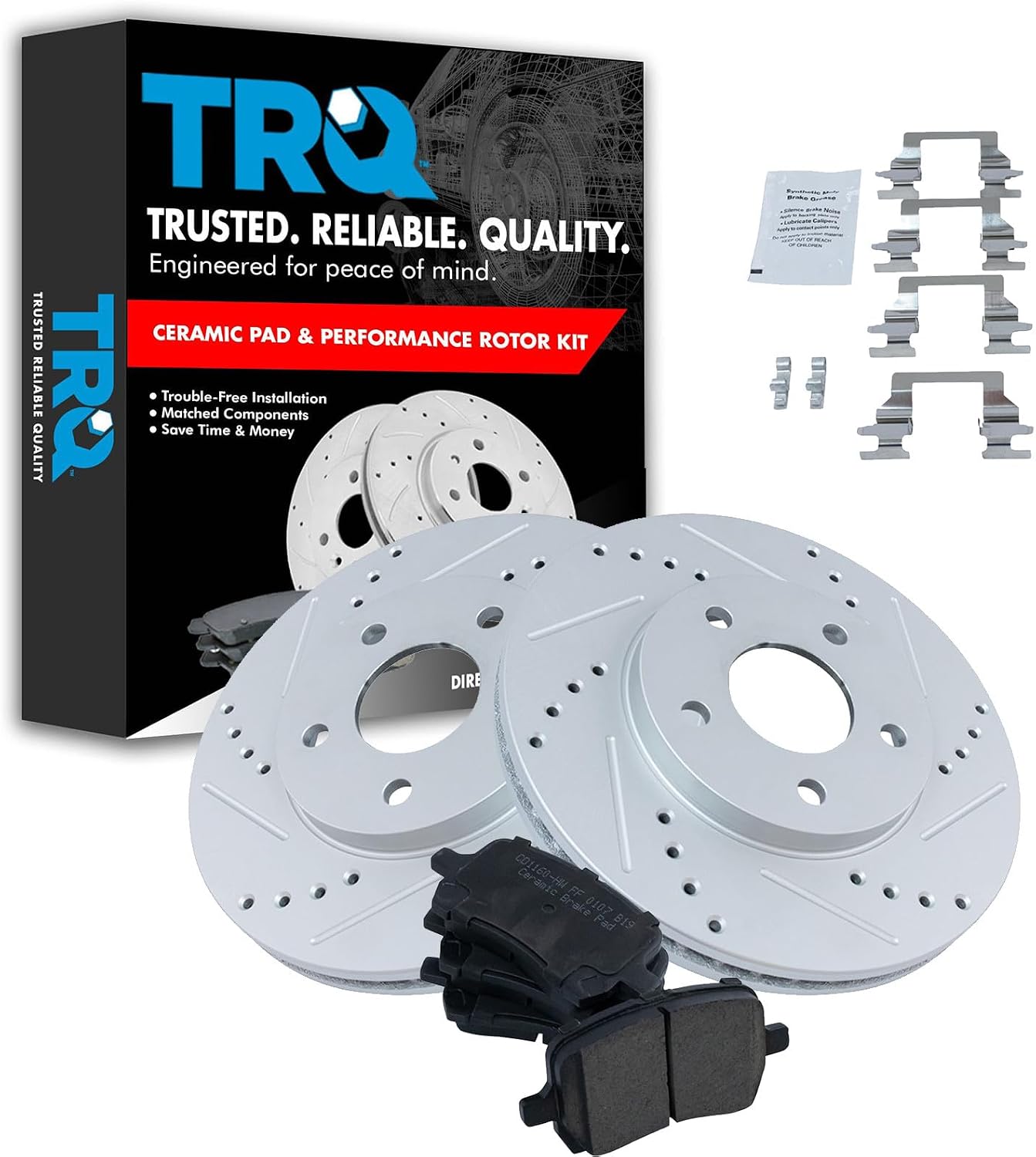 TRQ Performance Front Brake Pad and Rotor Set Ceramic G Coated Drilled Slotted Vented Rotors Compatible with 2006-2011 Chevrolet HHR