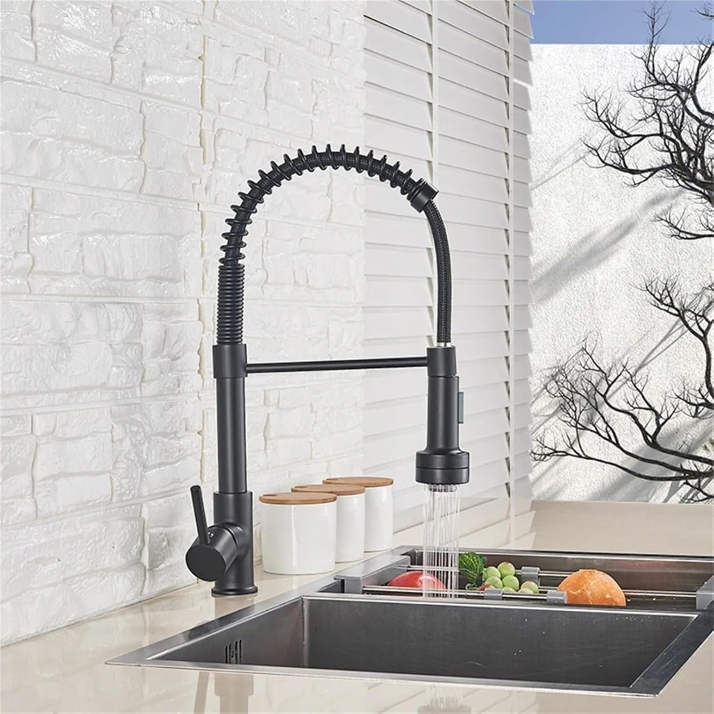 LED Kitchen Faucet Pull Down 360 Degree Rotation Hot and Cold Water Mixer Sink Deck Mounted Spring Tap(Matte Black)