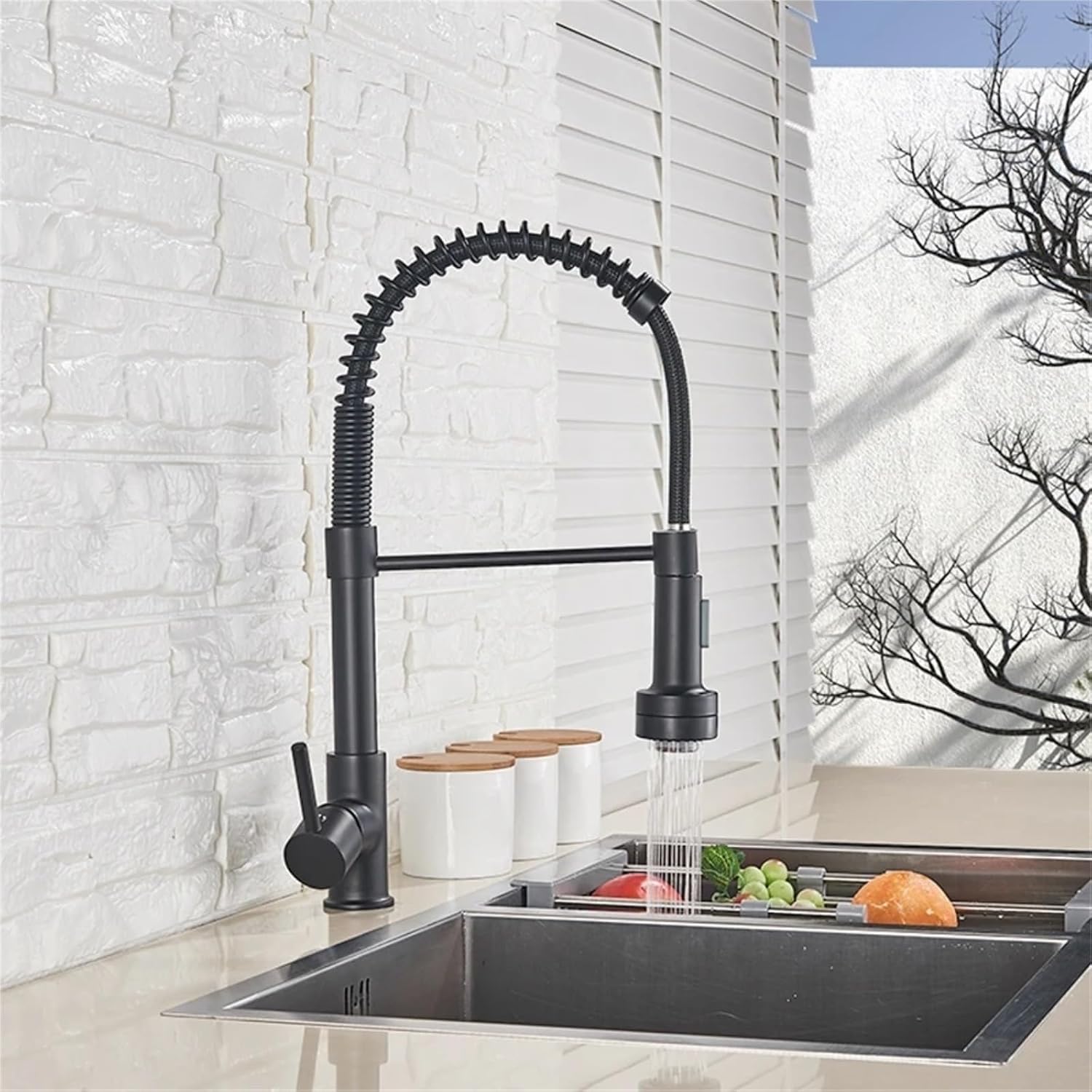 LED Kitchen Faucet Pull Down 360 Degree Rotation Hot and Cold Water Mixer Sink Deck Mounted Spring Tap(Matte Black)