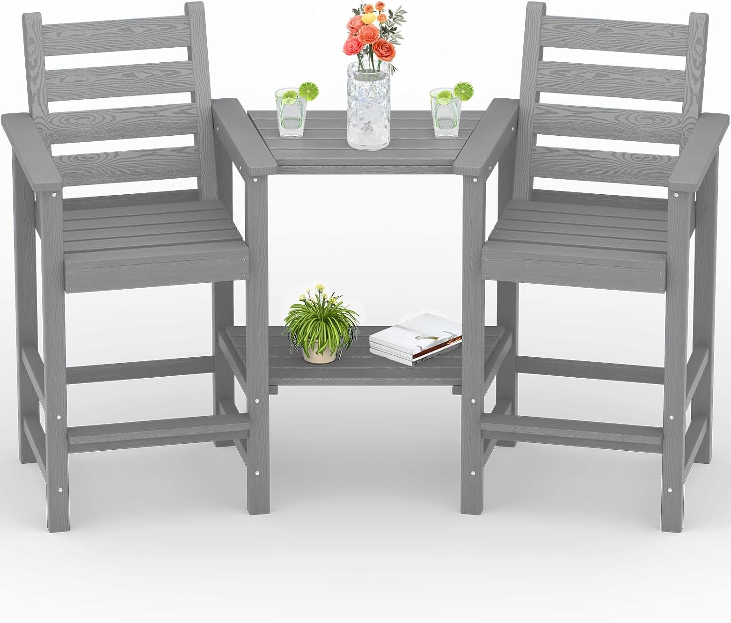 PLUUV Tall Adirondack Chairs Set of 2, All Weather HDPE Poly Bar Height Balcony Adirondack Chair with Removable Double Connecting Trays, Outdoor Adirondack Barstools for Deck, Patio, Yard, Pool, Lawn