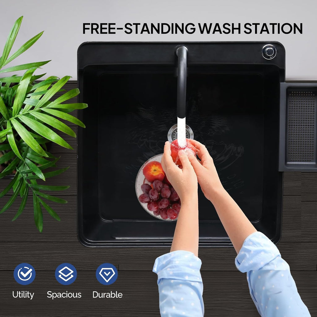 VINGLI 21-Gallon Utility Sink Laundry Tub for Washing Room, 23.6'×23.6'×36.2' Freestanding Utility Sink with Stainless Steel Faucet, Black