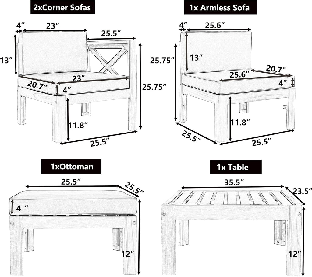 5-Piece Sectional Sofa Seating Group Set With Cushions,Outdoor Backyard Patio Wood Sectional Seating Group With Tea Table And Ottoman For Backyard,Garden,Poolside (Natural Finish+ Blue Cushions-01)