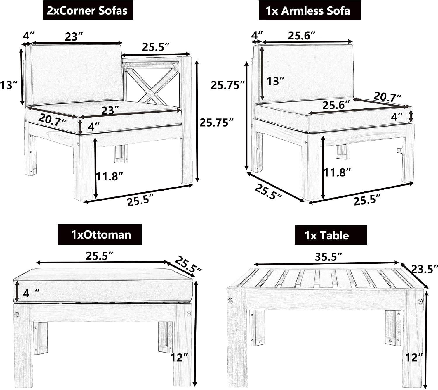 5-Piece Sectional Sofa Seating Group Set With Cushions,Outdoor Backyard Patio Wood Sectional Seating Group With Tea Table And Ottoman For Backyard,Garden,Poolside (Natural Finish+ Blue Cushions-01)