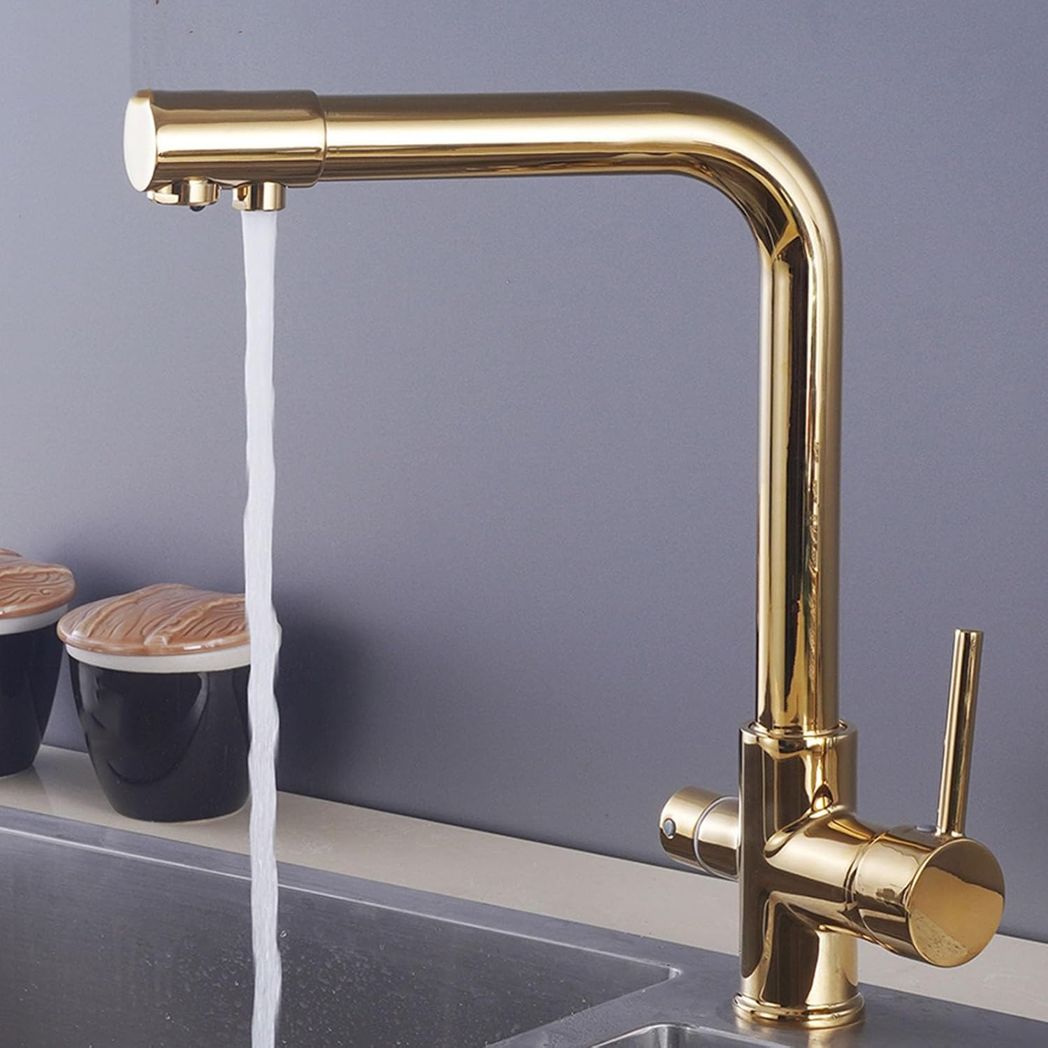 3 Way Kitchen Tap Brass, Three Way Water Filter Taps Kitchen Sink Kitchen Mixer Taps 1 Hole Swivel spout Hot Cold Water Chrome，Gold