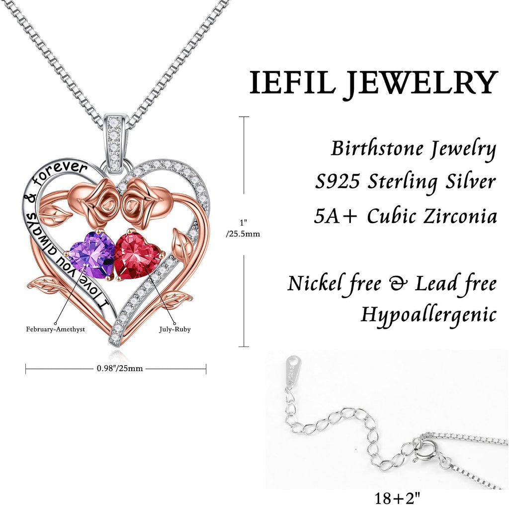 Iefil Rose Heart Double Birthstone Necklace Gifts for Wife Girlfriend Her Women, Birthstone Jewelry Gemstone Birthday Gifts for Mom Grandma Her Wife Women