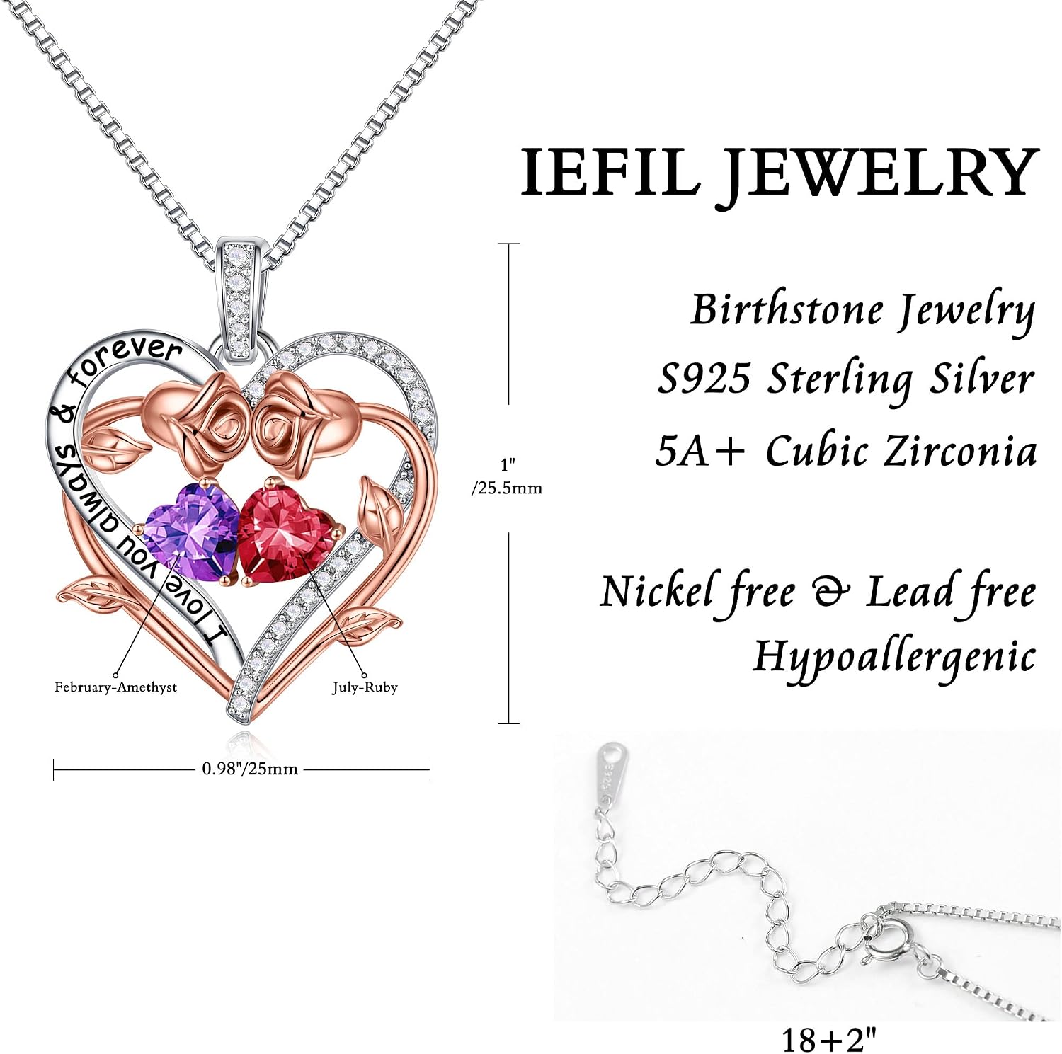 Iefil Rose Heart Double Birthstone Necklace Gifts for Wife Girlfriend Her Women, Birthstone Jewelry Gemstone Birthday Gifts for Mom Grandma Her Wife Women