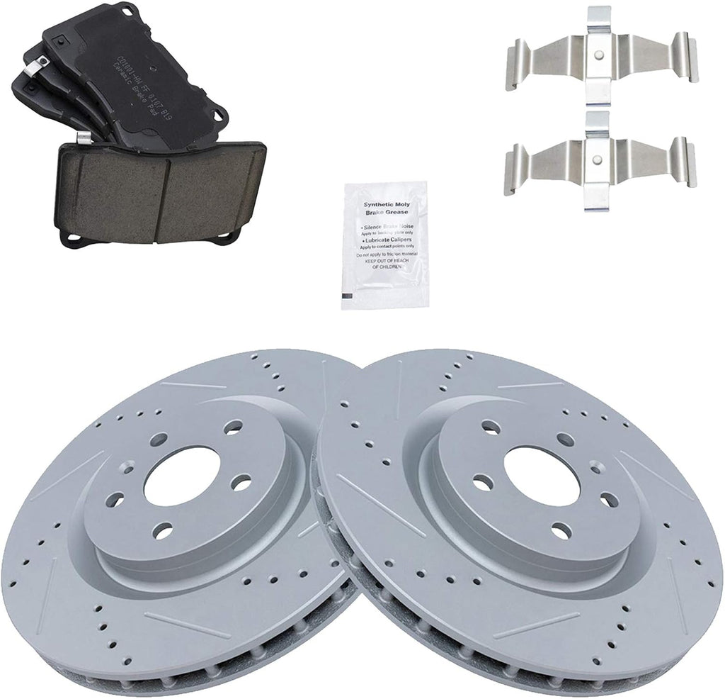 TRQ Performance Front Brake Pad and Rotor Set Ceramic Coated Drilled Slotted Vented Rotors Compatible with 2012-2013 Buick Regal 2009 Pontiac G8
