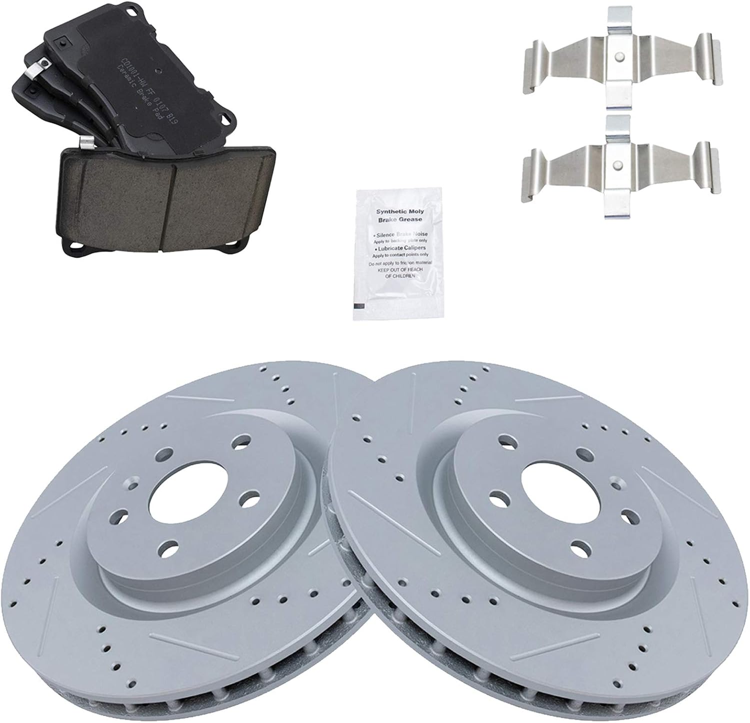 TRQ Performance Front Brake Pad and Rotor Set Ceramic Coated Drilled Slotted Vented Rotors Compatible with 2012-2013 Buick Regal 2009 Pontiac G8