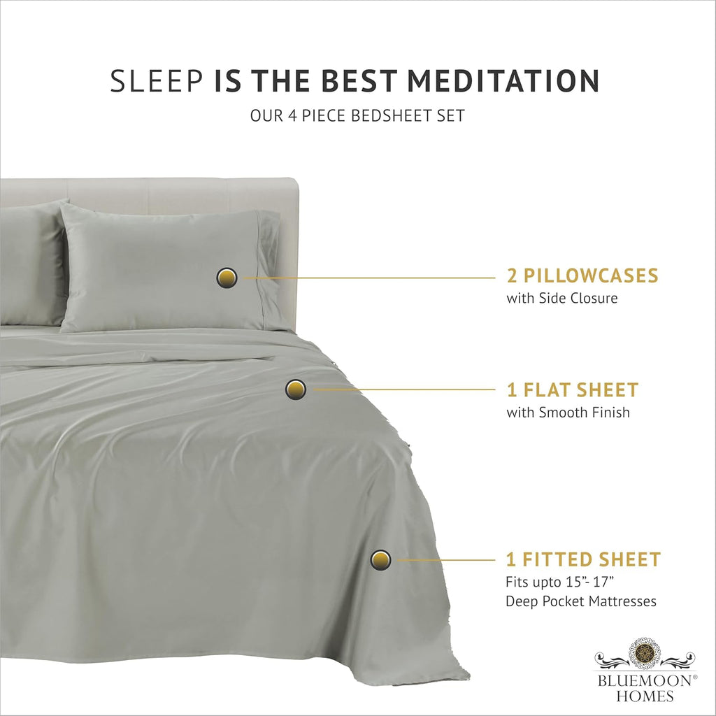 Bluemoon Homes Egyptian Cotton Sheets King Size Pack of 2-4 Piece Sheet Set All Around Elastic 18' Deep Fitted Sheet, Extra Soft Bed Sheets - Light Grey King Bedding Set